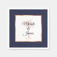 Elegant Navy Rose Gold Palm Tree Tropical Wedding Napkins