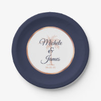 Elegant Navy Rose Gold Palm Tree Tropical Wedding Paper Plate