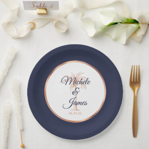 Elegant Navy Rose Gold Palm Tree Tropical Wedding Paper Plates