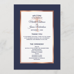 Elegant Navy Rose Gold Palm Tree Tropical Wedding Program