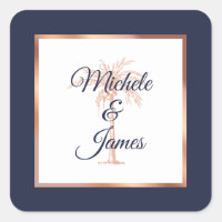 Elegant Navy Rose Gold Palm Tree Tropical Wedding Square Sticker