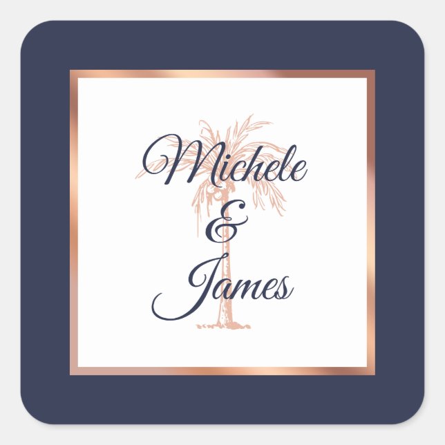 Elegant Navy Rose Gold Palm Tree Tropical Wedding Square Sticker (Front)