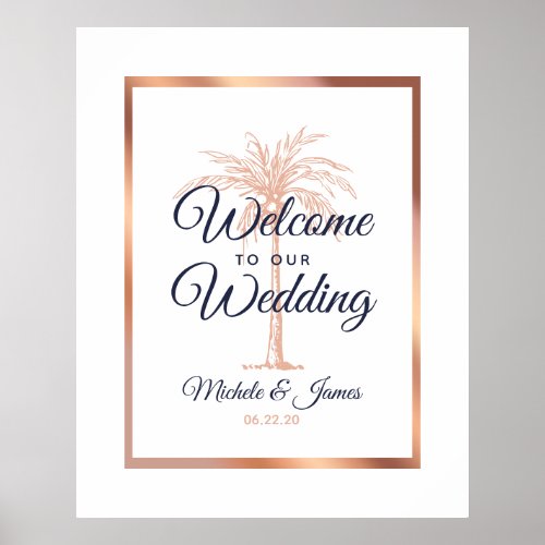 Elegant Navy Rose Gold Palm Tree Wedding Welcome Poster