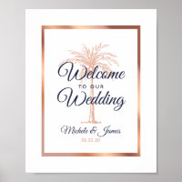 Elegant Navy Rose Gold Palm Tree Wedding Welcome Poster