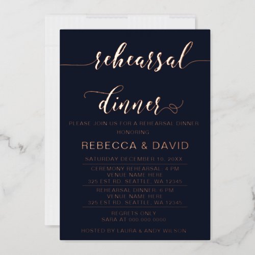 Elegant Navy Rose Gold Script  Rehearsal Dinner  Foil Invitation