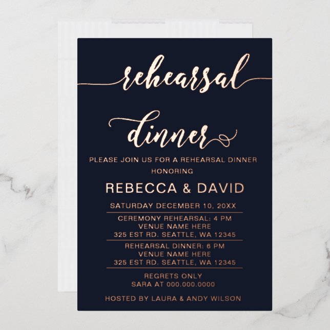 Elegant Navy Rose Gold Script  Rehearsal Dinner  Foil Invitation (Envelope)