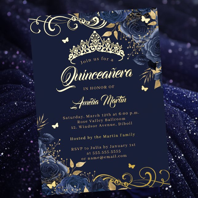 Elegant Navy Rose Gold Swirl Quinceanera   Foil Invitation (Creator Uploaded)