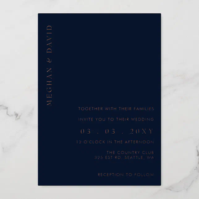 Elegant Navy Rose Gold Wedding Foil Invitation | Zazzle