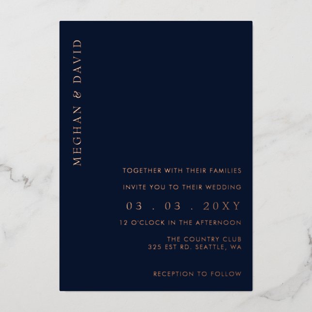 Elegant Navy Rose Gold Wedding  Foil Invitation (Front)
