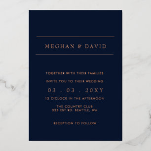 Elegant Navy Rose Gold Wedding Foil Invitation