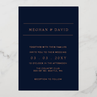 Elegant Navy Rose Gold Wedding Foil Invitation