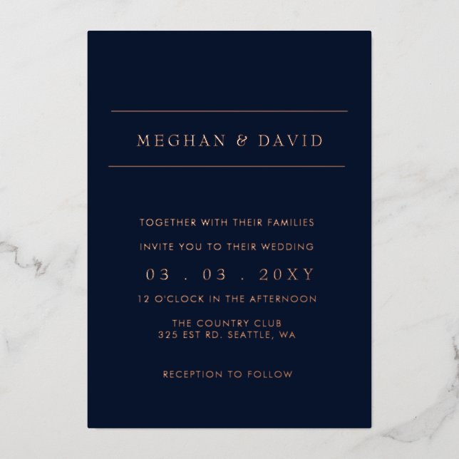 Elegant Navy Rose Gold Wedding  Foil Invitation (Front)