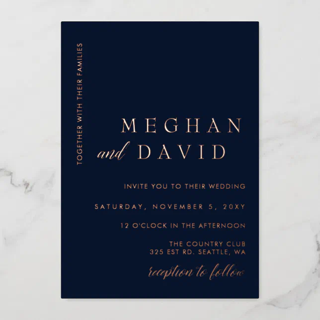 Elegant Navy Rose Gold Wedding Foil Invitation | Zazzle