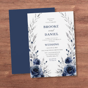 Elegant Navy Rose Silver Botanical Wedding Invitation