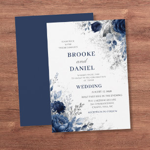Elegant Navy Rose Silver Glitter Dust Wedding Invitation