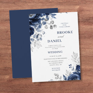 Elegant Navy Rose Silver Glitter Wedding Invitation