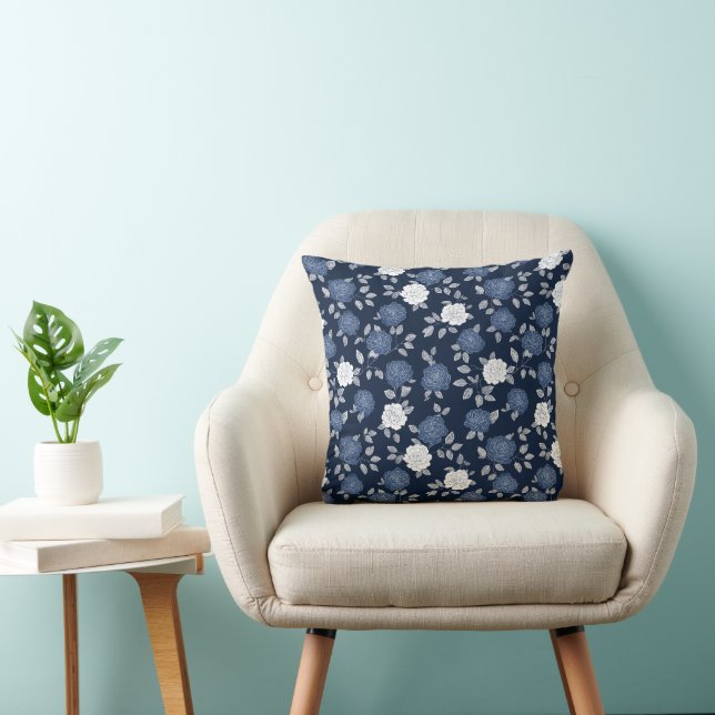Elegant Navy Rose White Floral Pattern Throw Pillow (Chair)