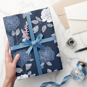 Elegant Navy Rose White Floral Pattern Wrapping Paper