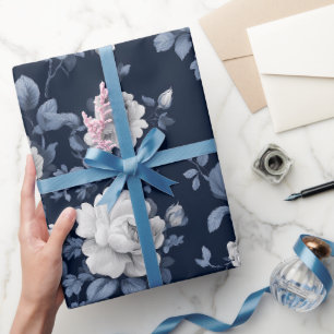 Elegant Navy Rose White Floral Pattern Wrapping Paper