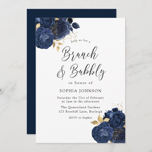 Elegant Navy Roses Brunch Bubbly Bridal Shower Invitation