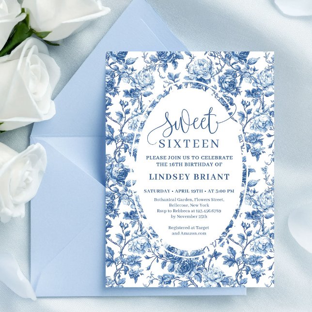 Elegant Navy Roses Digital Floral Sweet Sixteen Invitation (French toile de jouy flowers,
Luxurious navy roses 16TH birthday,
dusty Blue flowers botanical garde)