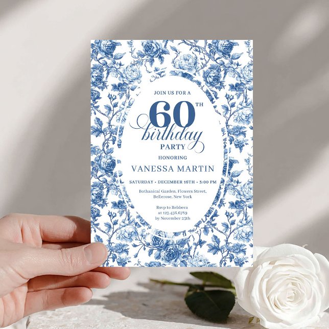 Elegant Navy Roses French Toile 60th Birthday Invitation (This digital 60th birthday invitation is the perfect blend of timeless style and modern convenience.)