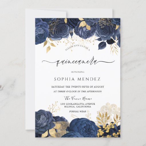 Elegant Navy Roses Gold leaf Quinceanera Party Inv Invitation | Zazzle