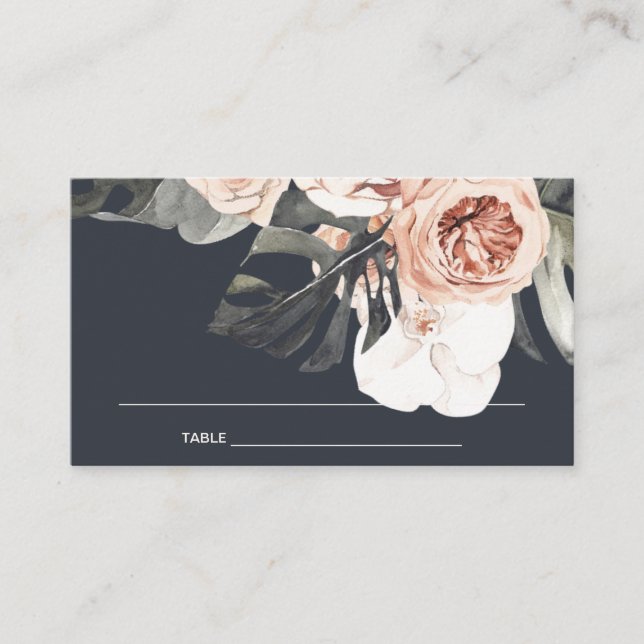 ELEGANT NAVY RUST MONSTRERA PEONY FLORAL WEDDING PLACE CARD (Front)