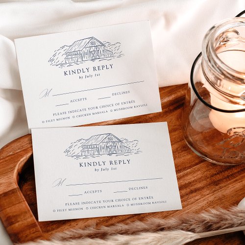 Elegant Navy Rustic Barn Wedding Meal Choice RSVP Card