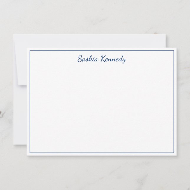 Elegant Navy Script Border Personalized Note Card (Front)