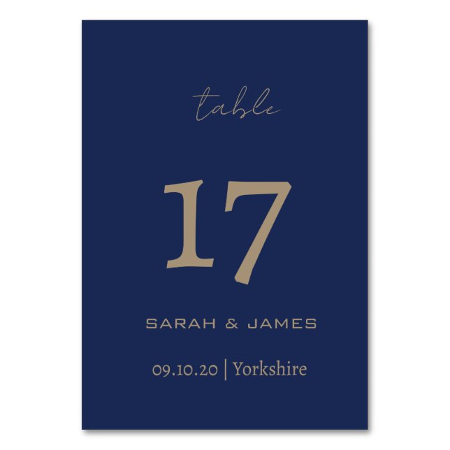 Elegant Navy Script Custom Table Number Card  (Front)