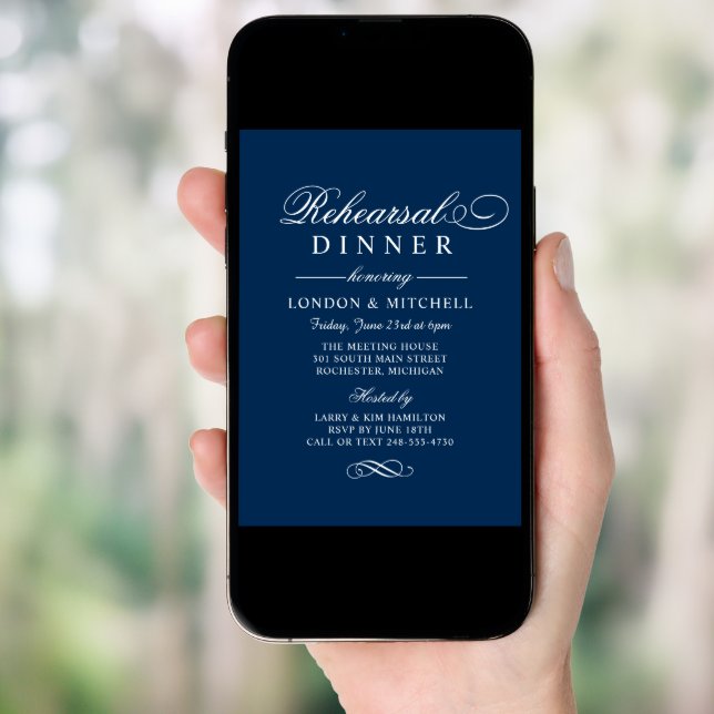 Elegant Navy Script Wedding Rehearsal Dinner Invitation (Front Digital)