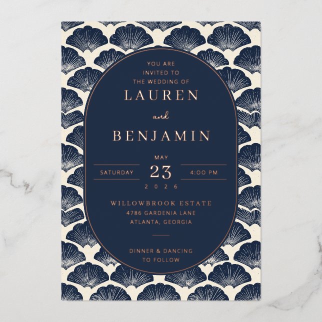 Elegant Navy Seashell Wedding Invitation Foil Invitation (Front)