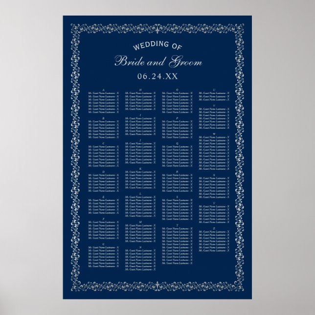 Elegant Navy Silver Alphabetical Wedding Seating Poster (Front)