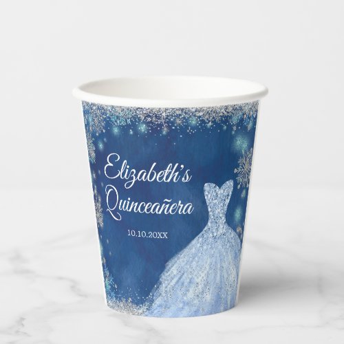 Elegant Navy Silver Christmas Snowflake Mis Quince Paper Cups