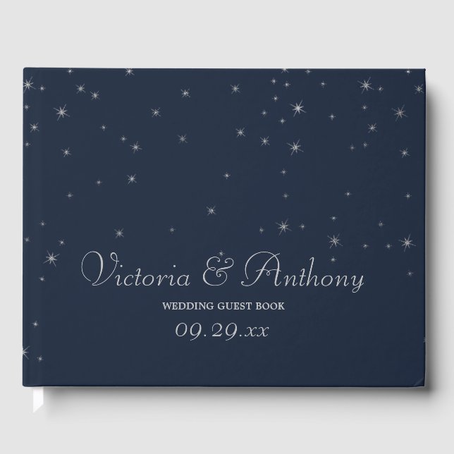 Elegant Navy & Silver Falling Stars Wedding Guest Book (Front)