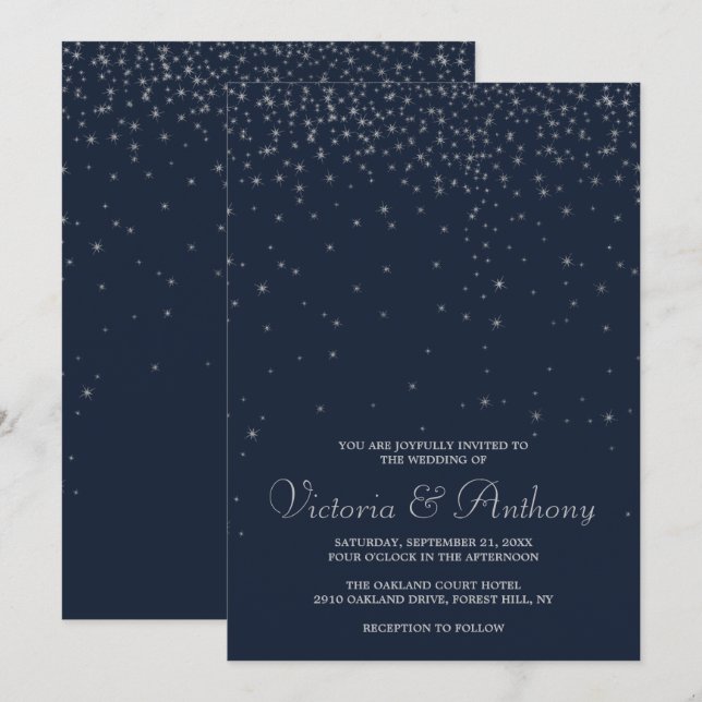 Elegant Navy & Silver Falling Stars Wedding Invitation (Front/Back)