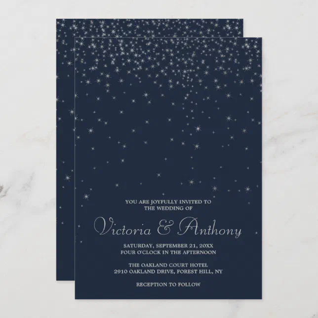 Elegant Navy & Silver Falling Stars Wedding Invitation | Zazzle