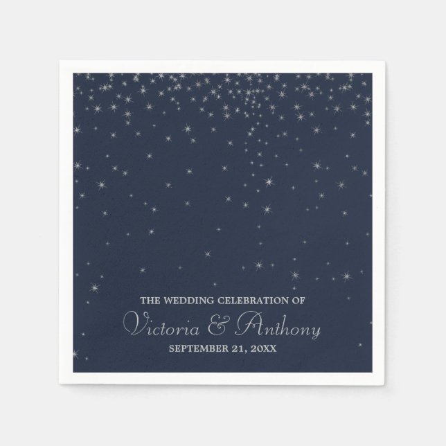 Elegant Navy & Silver Falling Stars Wedding Paper Napkins (Front)