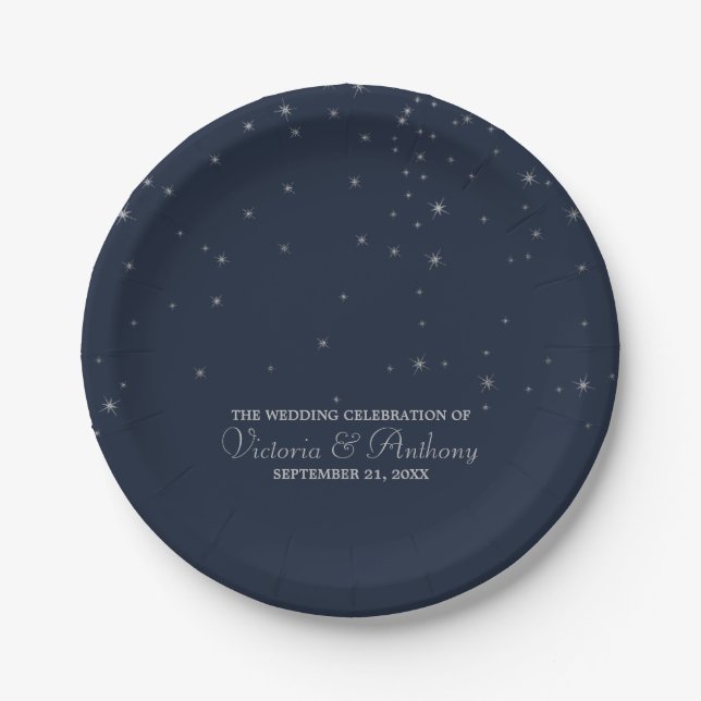 Elegant Navy & Silver Falling Stars Wedding Paper Plates (Front)