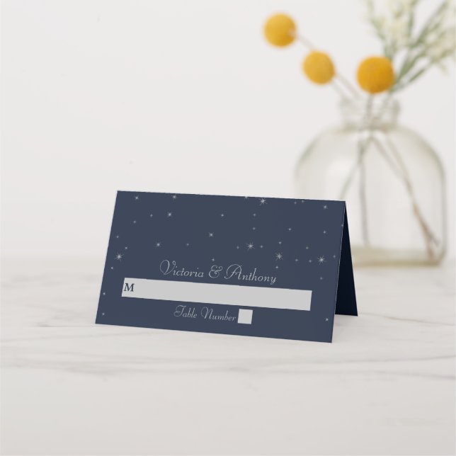 Elegant Navy & Silver Falling Stars Wedding Place Card (Front)
