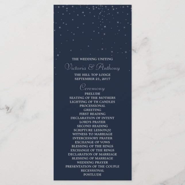 Elegant Navy & Silver Falling Stars Wedding Program (Front)