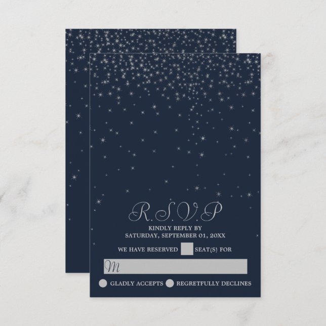 Elegant Navy & Silver Falling Stars Wedding RSVP Card (Front/Back)