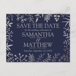 Elegant Navy & Silver Floral Wedding Announcement Postcard