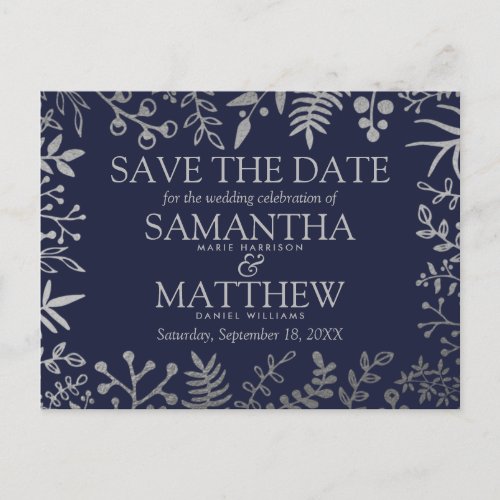 Elegant Navy  Silver Floral Wedding Announcement Postcard