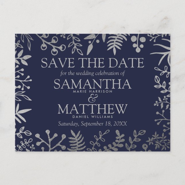 Elegant Navy & Silver Floral Wedding Announcement Postcard (Front)
