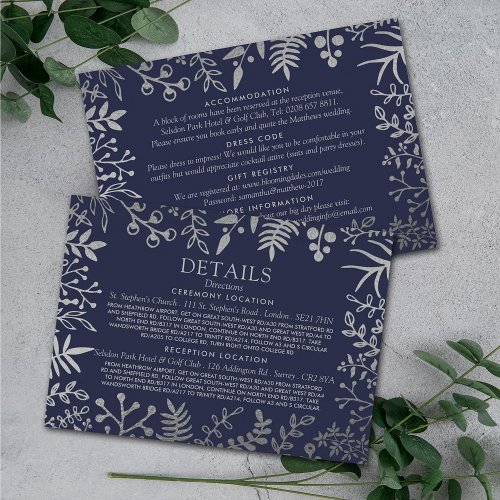 Elegant Navy  Silver Floral Wedding Collection Enclosure Card