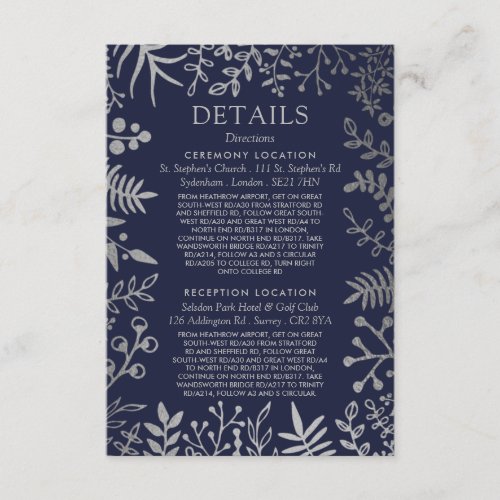 Elegant Navy  Silver Floral Wedding Collection Enclosure Card