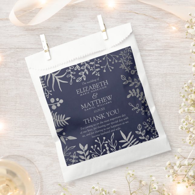 Elegant Navy & Silver Floral Wedding Collection Favor Bag (Clipped)