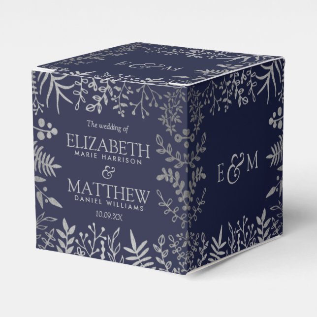 Elegant Navy & Silver Floral Wedding Collection Favor Boxes (Front Side)